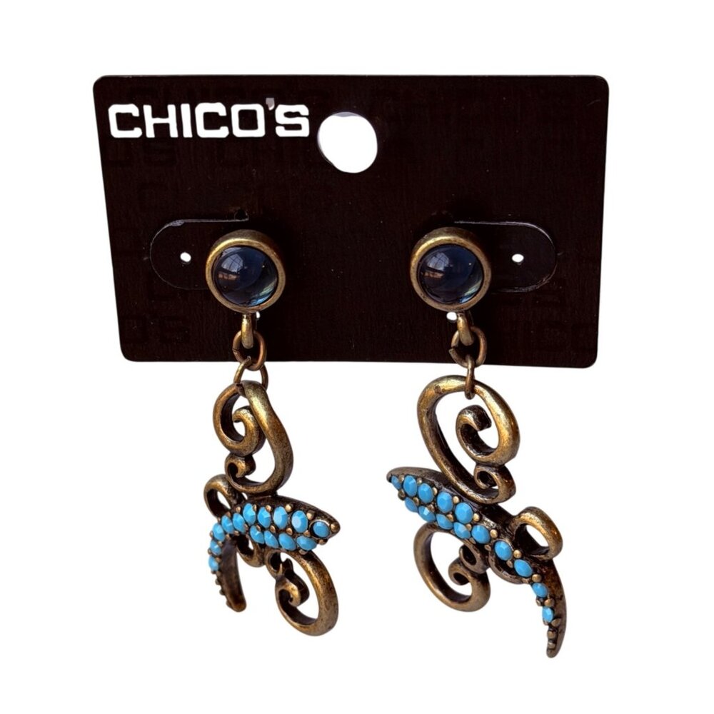 Vintage Y2K Chico’s Turquoise Brass Scroll Drop Earrings with Blue Stone Accents - Picture 2 of 7
